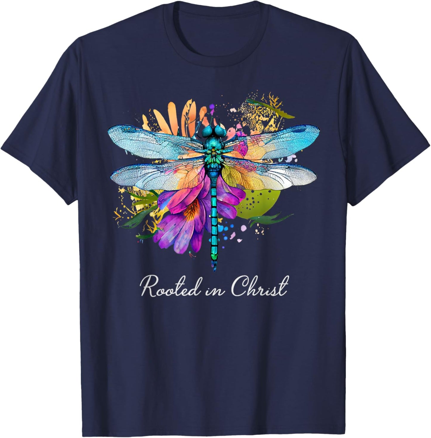Rooted in Christ Floral Dragonfly Christian Summer Women Girls Kids T-Shirt - T-Shirt | Navy