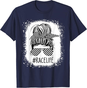 Race Life Messy Bun Bleached Race Car Checkered Racing Women T-Shirt - T-Shirt | Navy