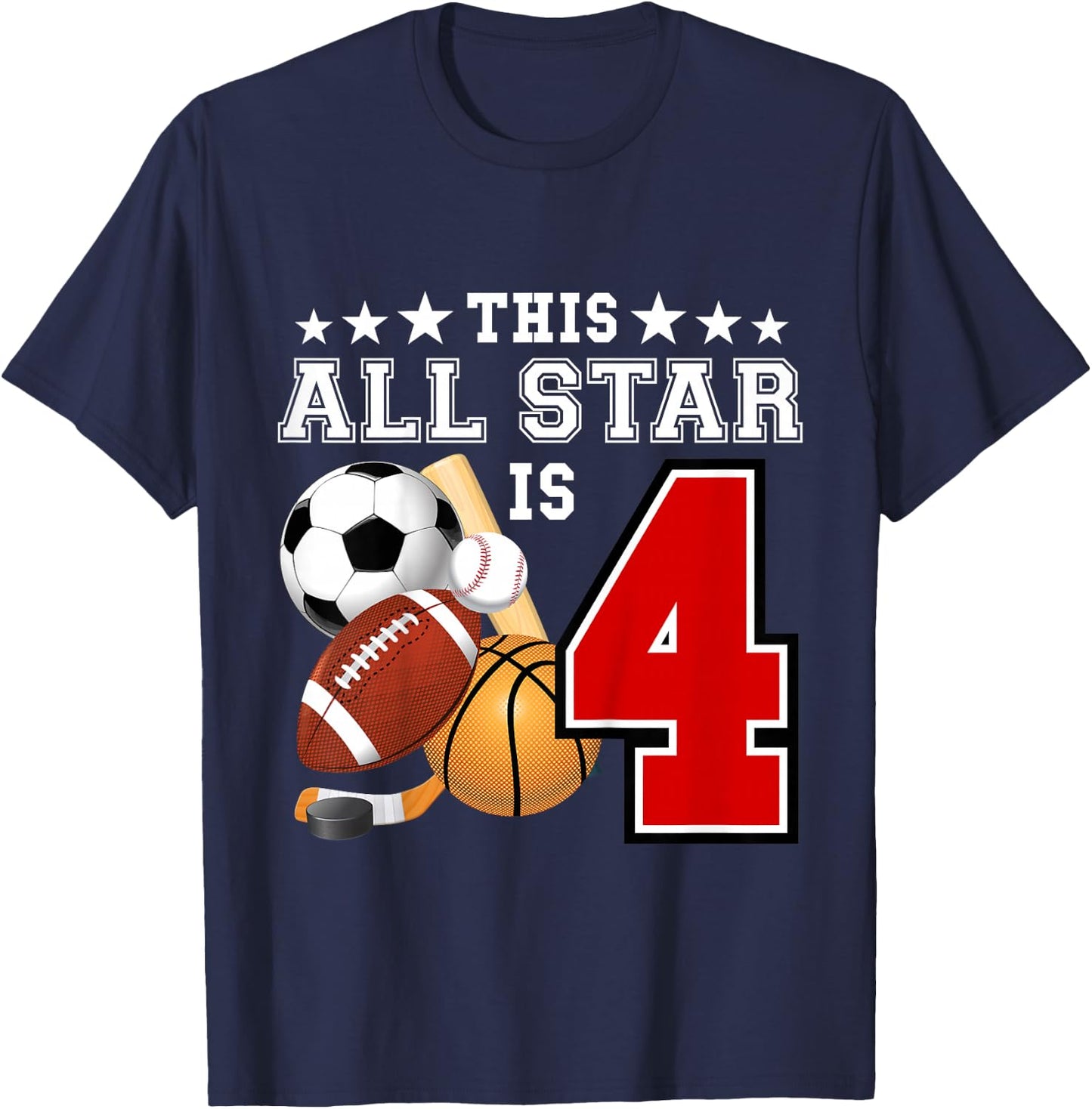 Kids 4 Year Old Sports Star Birthday Party All Sport 4th Gift T-Shirt - T-Shirt | Navy