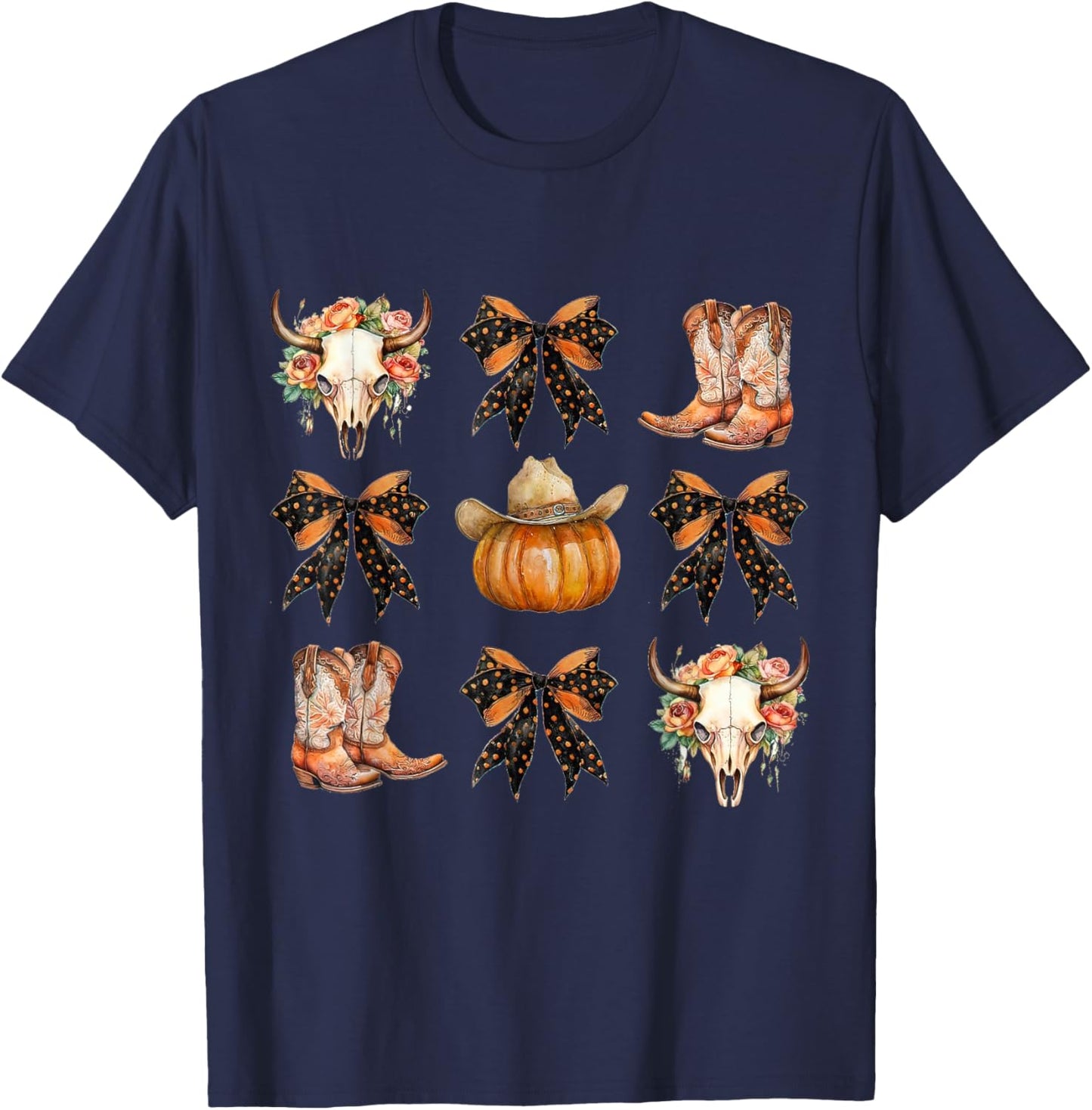 Coquette Bow Halloween, Skull Western Autumn, Howdy Pumpkin T-Shirt - T-Shirt | Navy