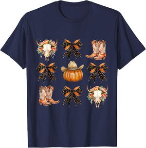 Coquette Bow Halloween, Skull Western Autumn, Howdy Pumpkin T-Shirt - T-Shirt | Navy