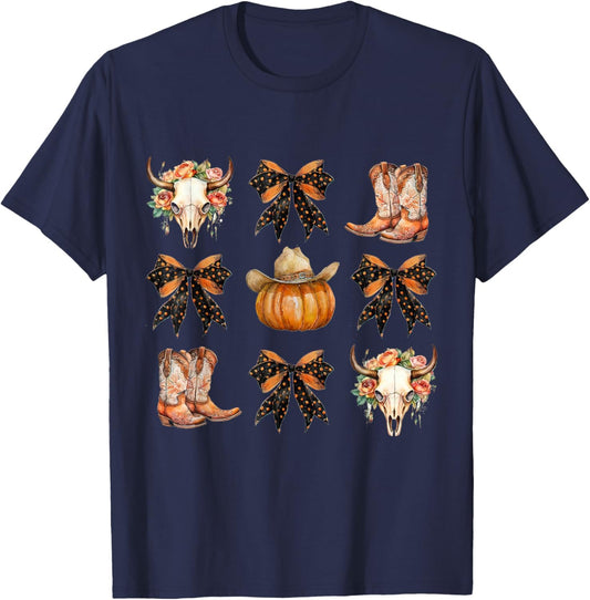 Coquette Bow Halloween, Skull Western Autumn, Howdy Pumpkin T-Shirt - T-Shirt | Navy