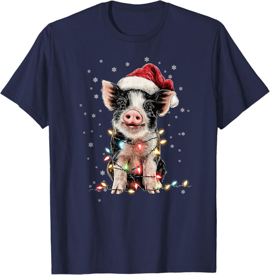 Christmas Lights Santa Hat Xmas Pajamas Pig Lover T-Shirt - T-Shirt | Navy