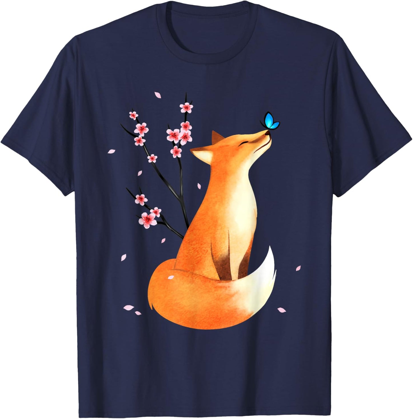 Fox Japanese Cherry Blossom Flower Vintage Gift T-Shirt - T-Shirt | Navy