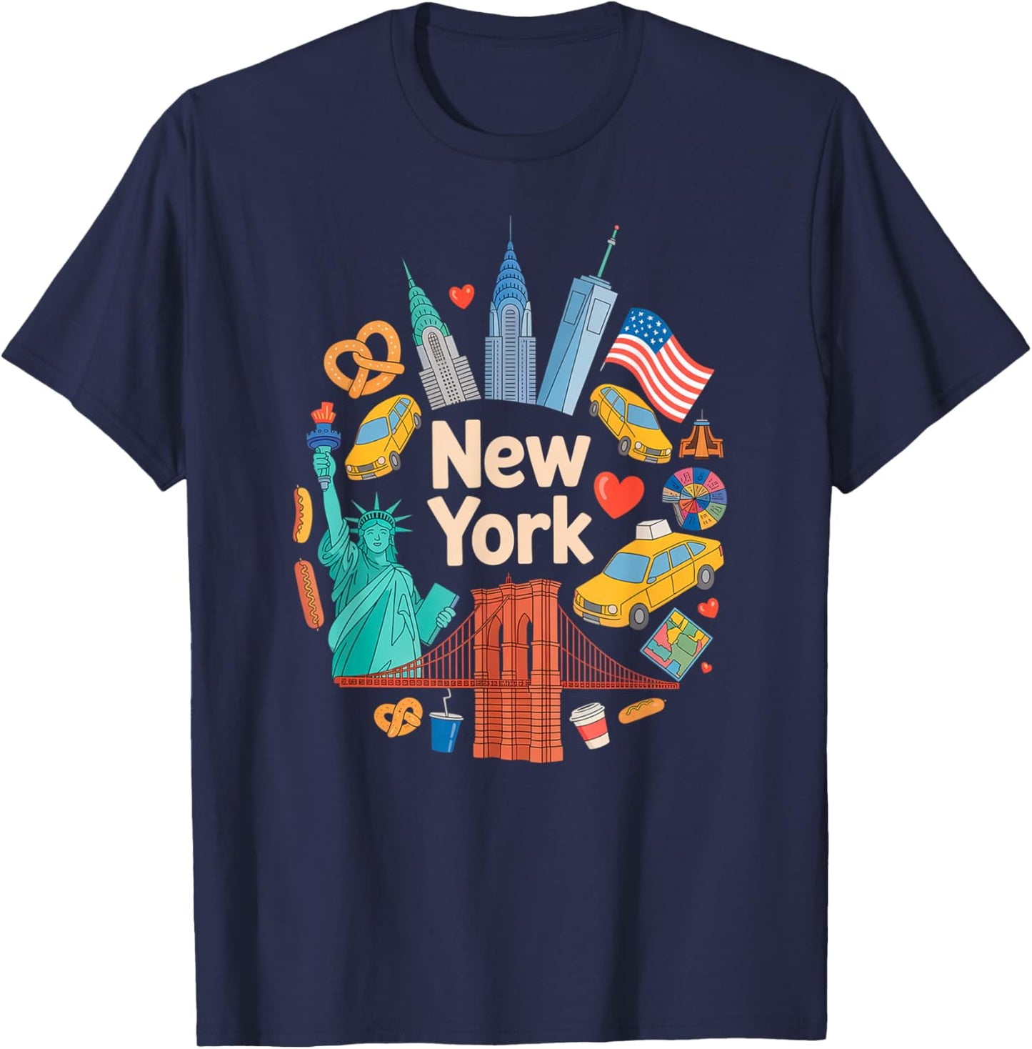 New York City Icons Cartoon Style Urban Collage Art T-Shirt - T-Shirt | Navy