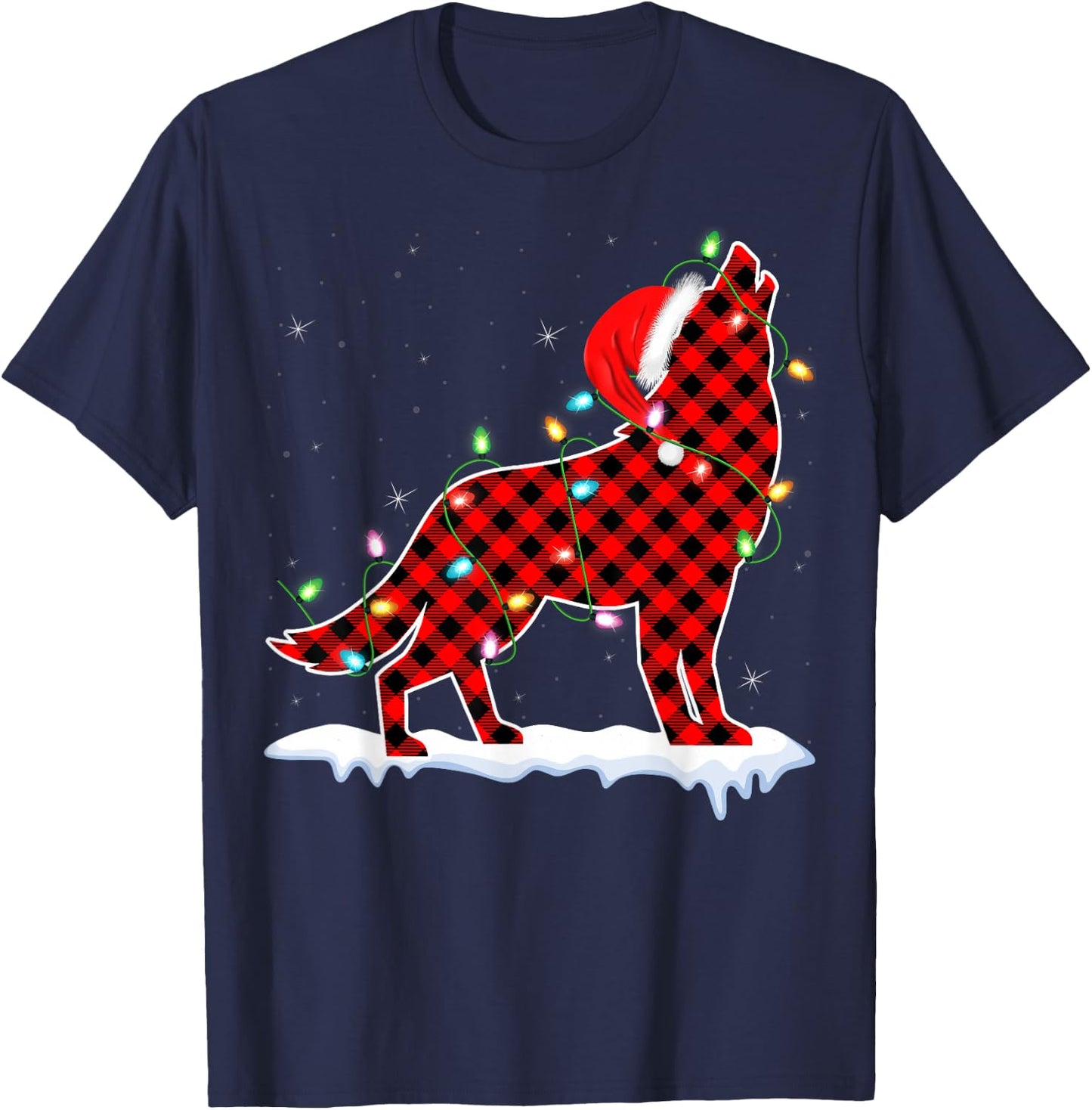 Santa Wolf Xmas Lighting Buffalo Plaid Wolf Christmas Pajama T-Shirt - T-Shirt | Navy
