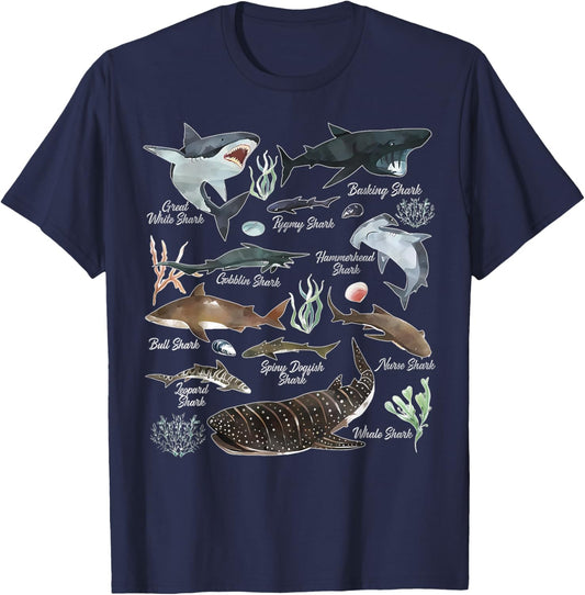 Types Of Sharks Educational Colorful Ocean Marine Sea T-Shirt - T-Shirt | Navy