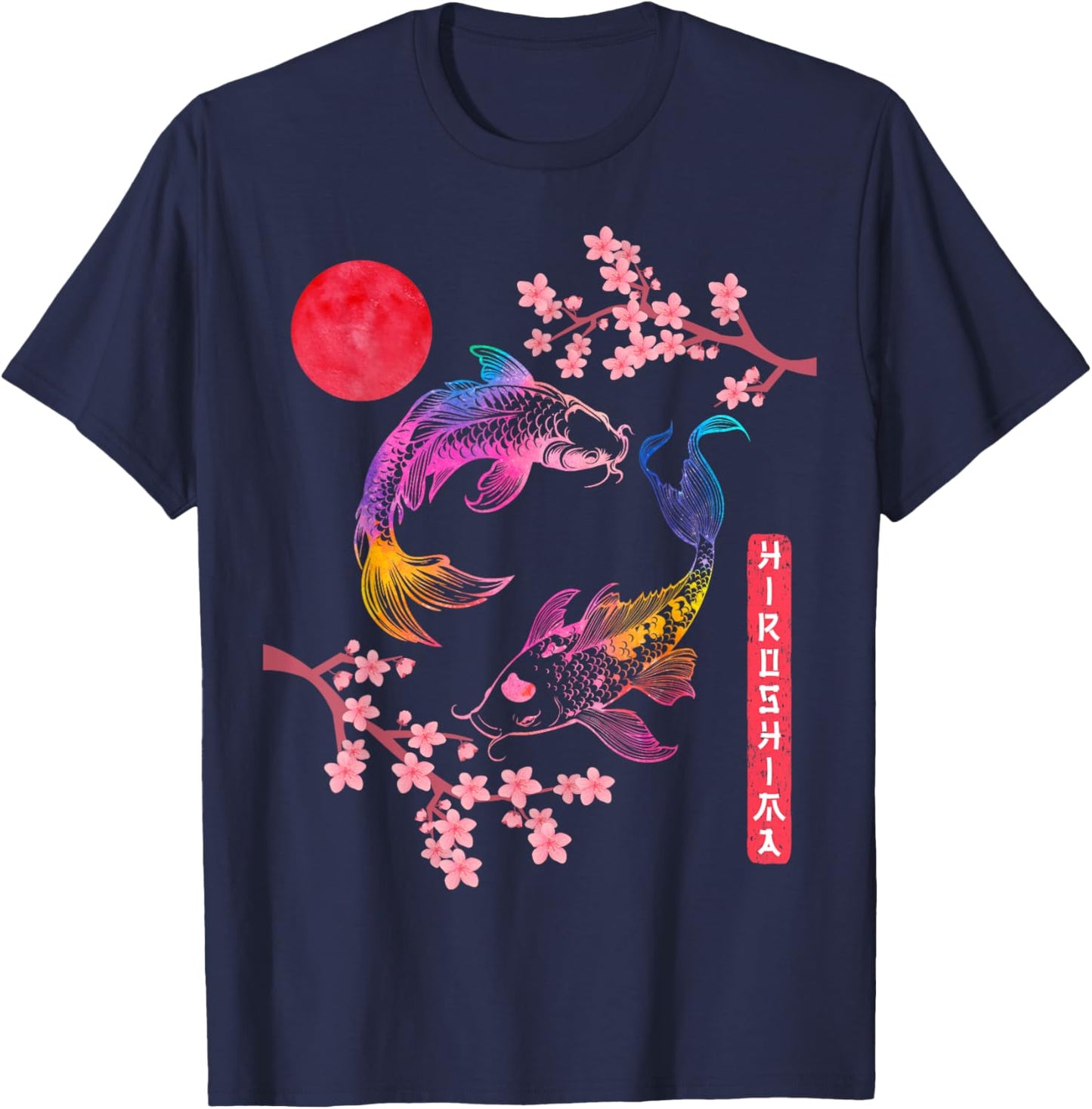 Koi Fish Carp Cherry Blossom Japanese Sun Rainbow Hiroshima T-Shirt - T-Shirt | Navy