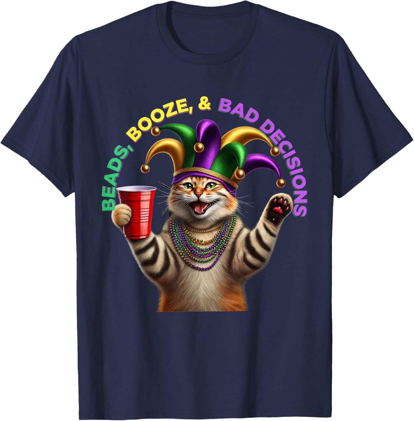 Matching Womans Funny Meowdi Gras Cat Mardi Gras T-Shirt - T-Shirt | Navy