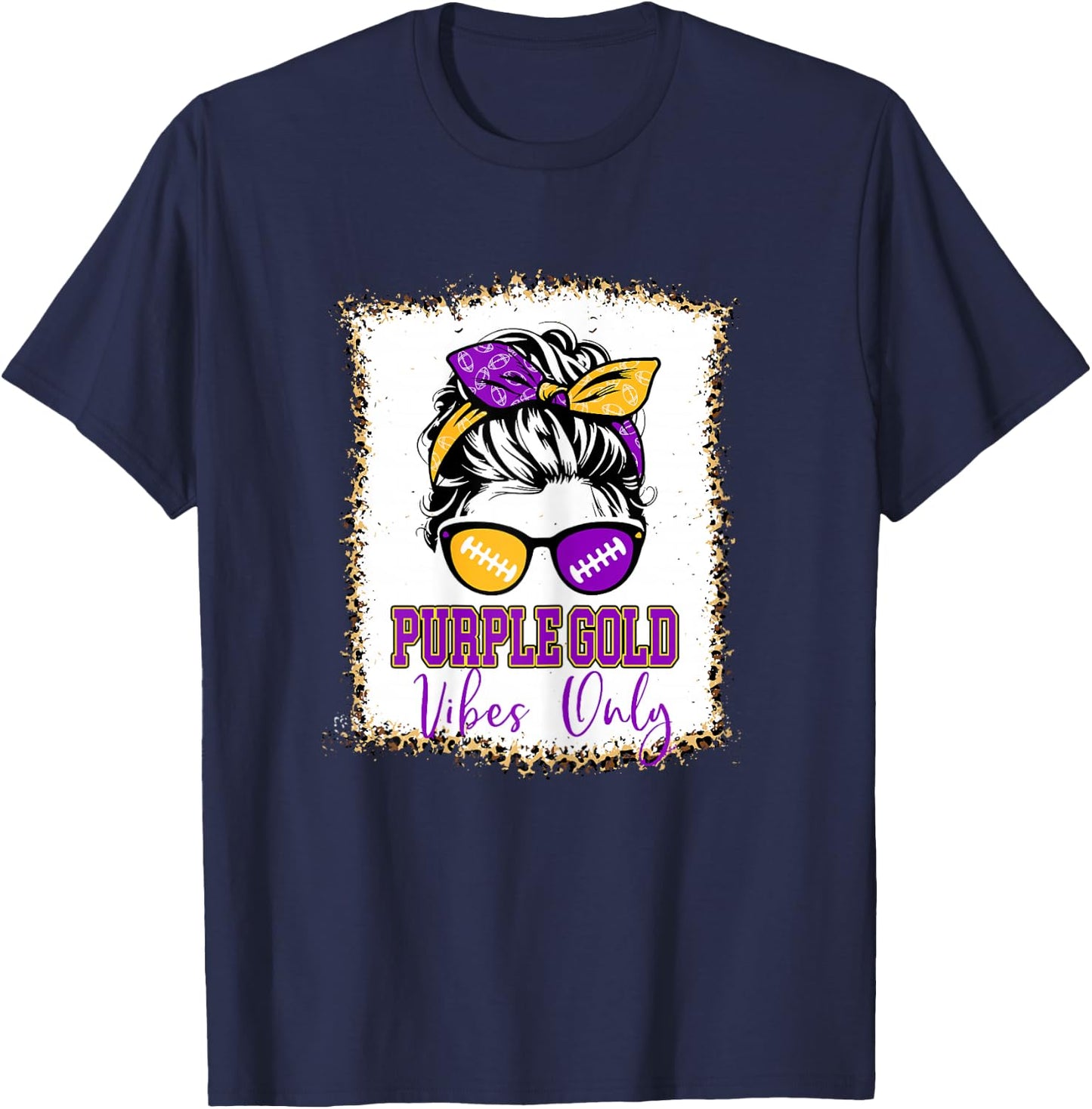 Purple Gold Vibes Only Football Shirt Women Leopard Football T-Shirt - T-Shirt | Navy