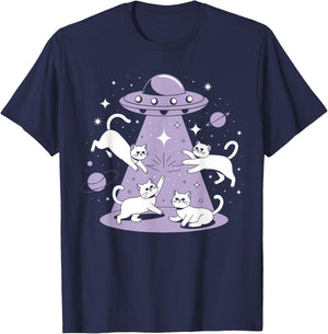 UFO Cat Alien Abduction Alien Cats and Flying Saucer Men Women Girls Kids T-Shirt - T-Shirt | Navy