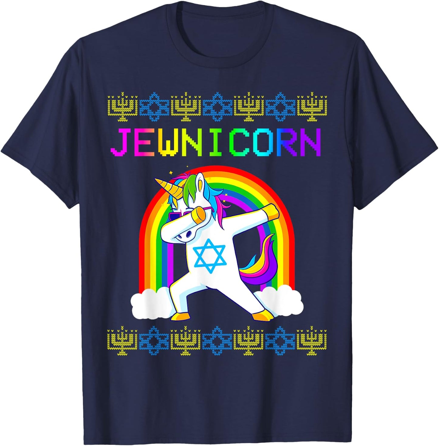Jewnicorn Ugly Hanukkah Sweater Dabbing Unicorn Chanukah T-Shirt - T-Shirt | Navy
