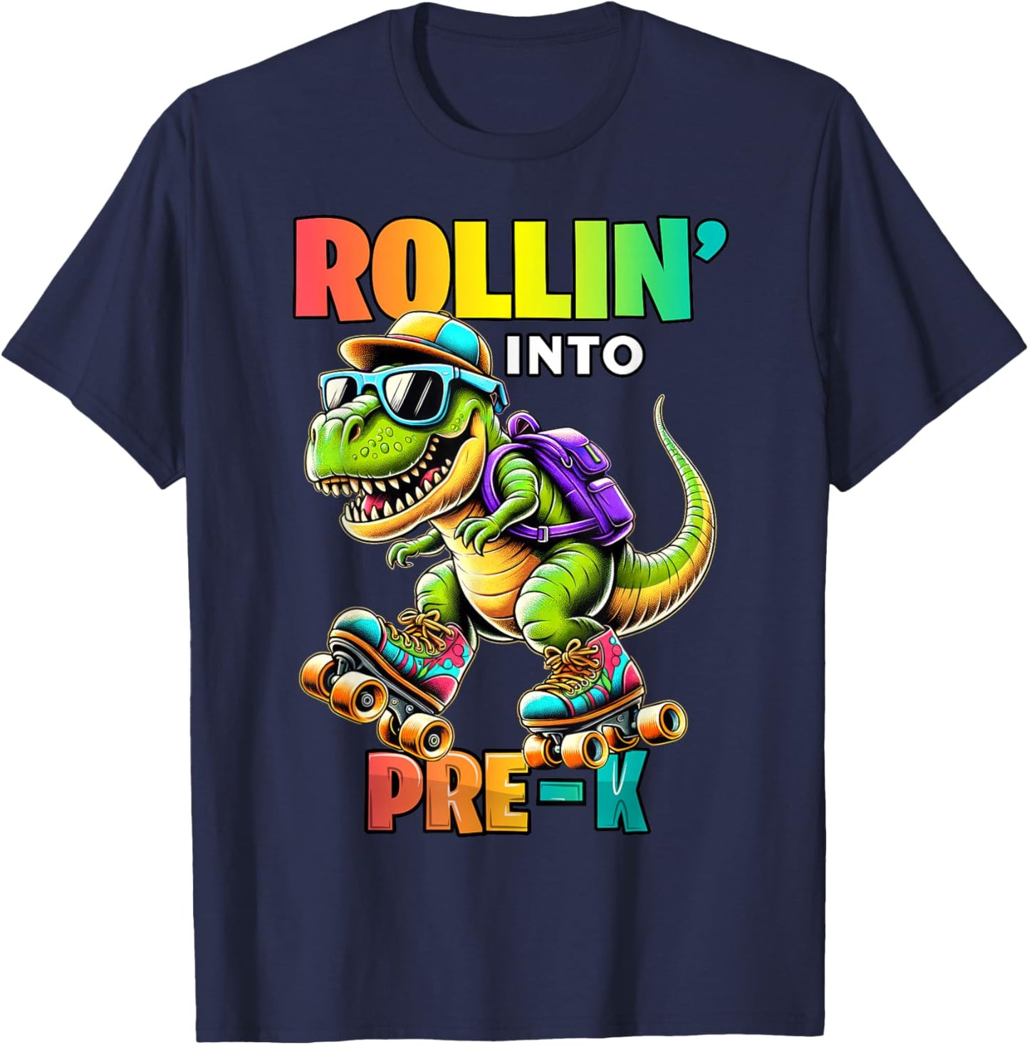 Pre-K Back To School First Day Boys Rollin into Pre-K T Rex T-Shirt - T-Shirt | Navy