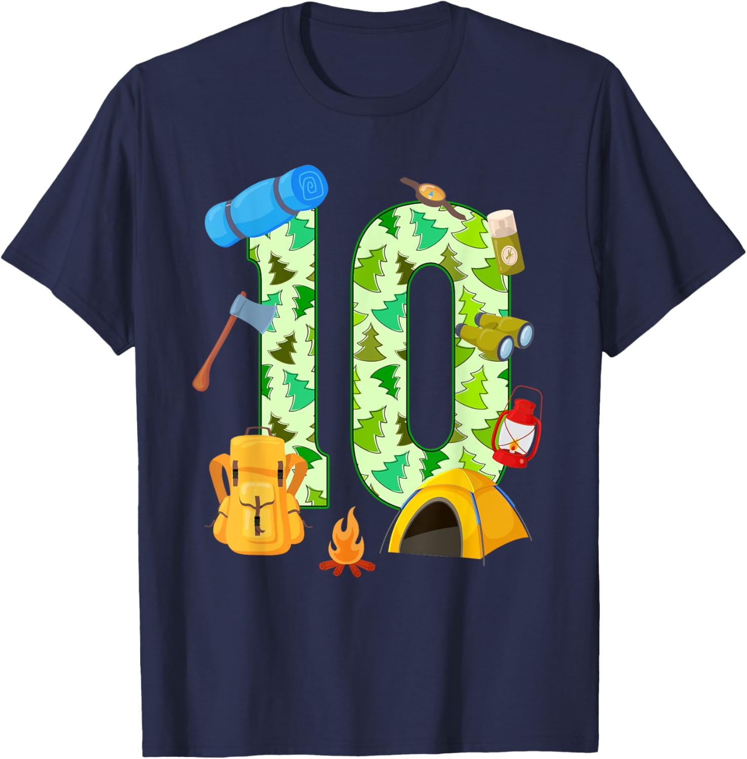 10th Birthday Camping Theme 10 Year Old Birthday Kids T-Shirt - T-Shirt | Navy