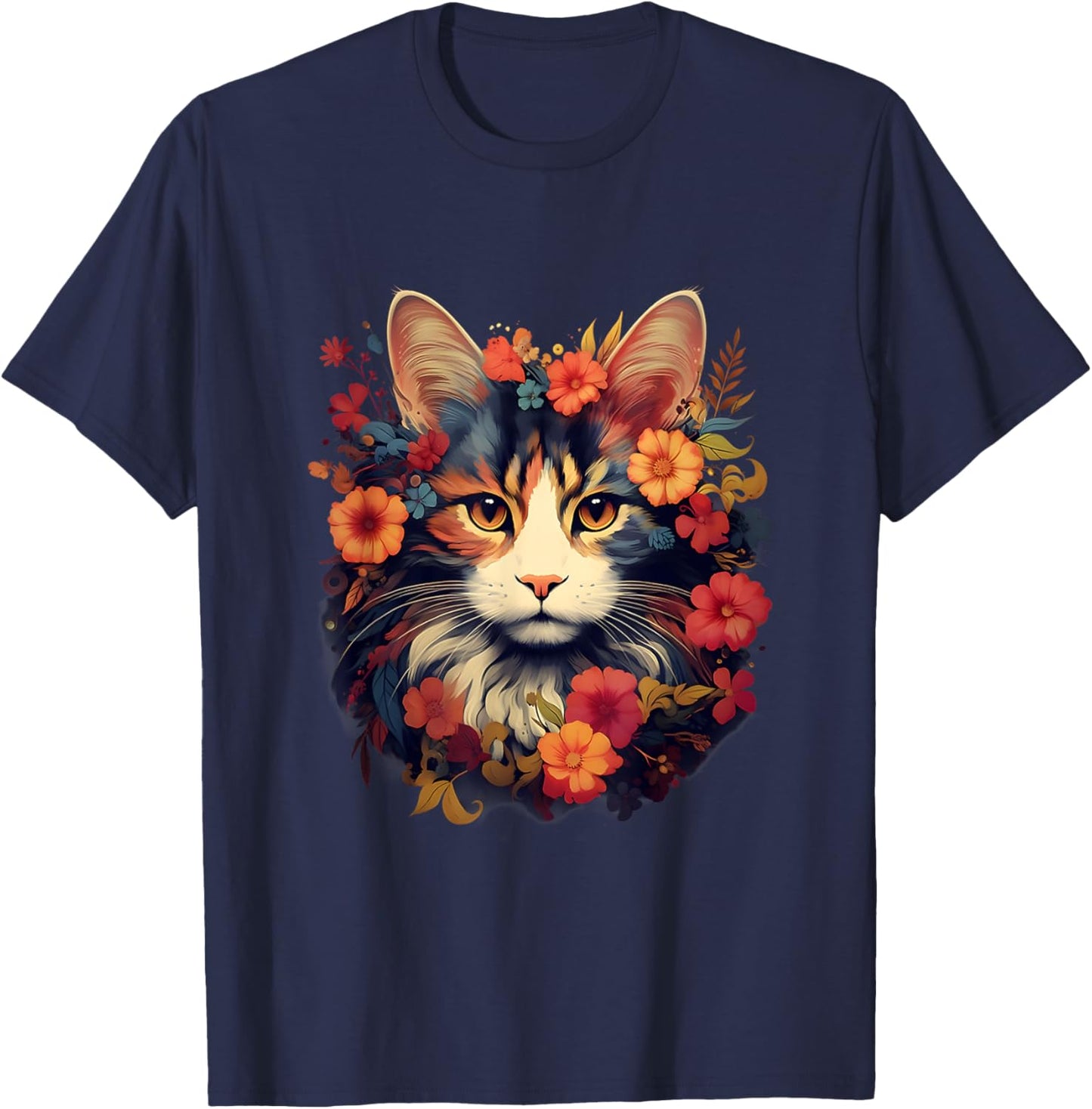 Floral Cat Shirt for Cat Mom, Women and Girls Who Love Cats T-Shirt - T-Shirt | Navy