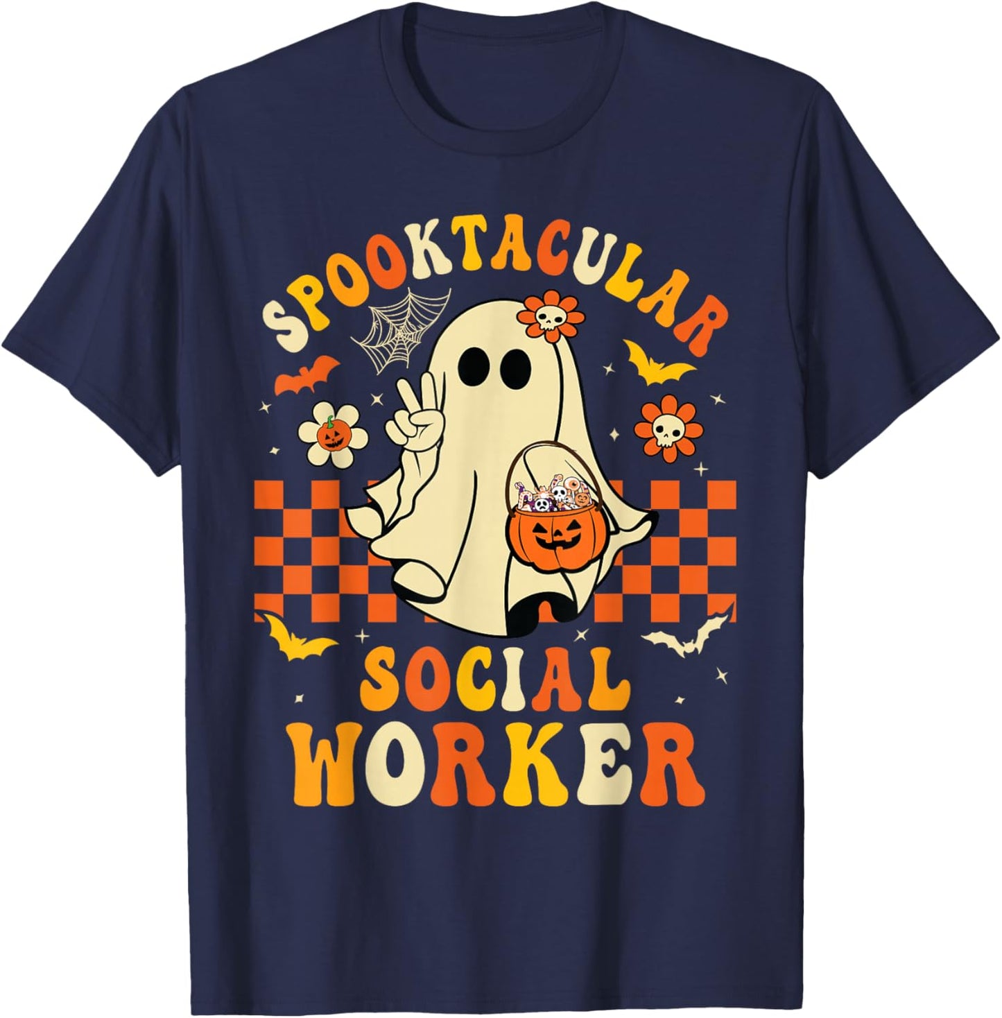 Groovy Spooktacular School Social Worker Halloween Ghost T-Shirt - T-Shirt | Navy
