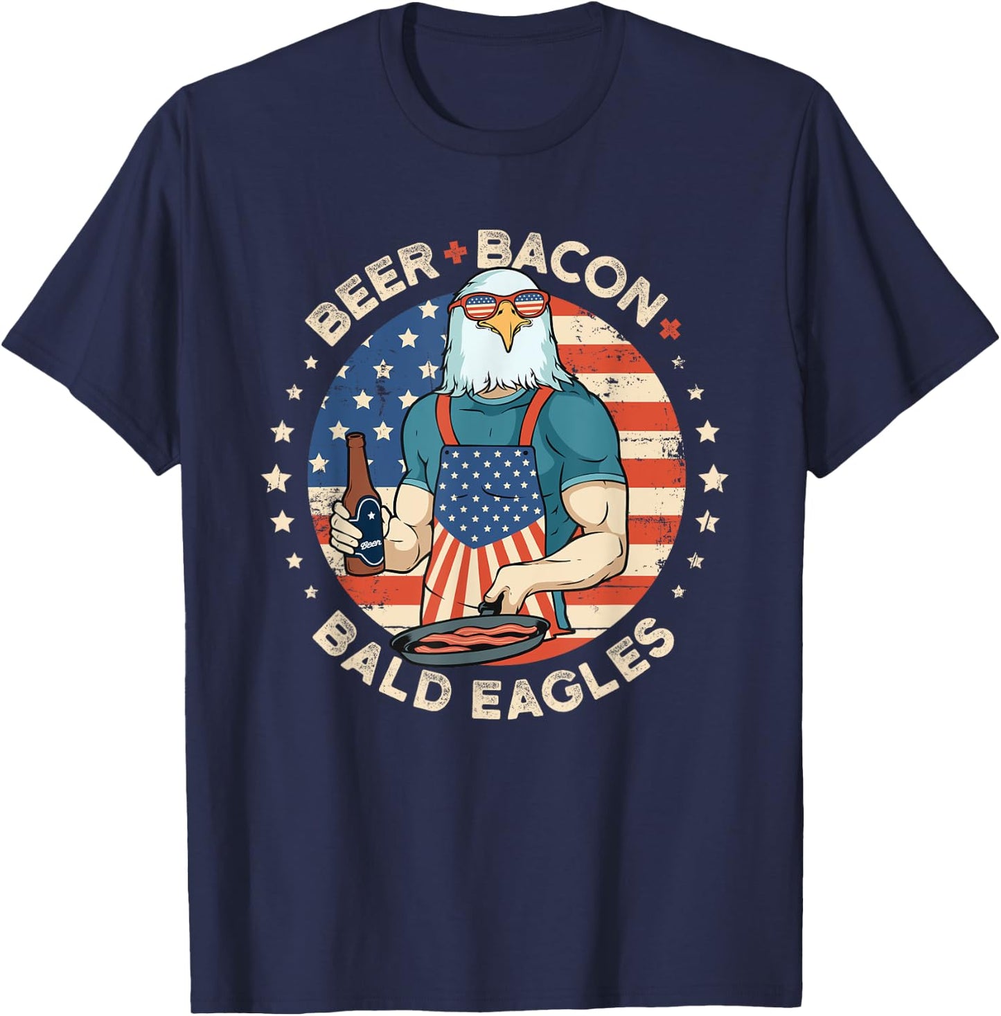 Funny Beer Bacon Bald Eagles Patriotic 4th of July T-Shirt - T-Shirt | Navy