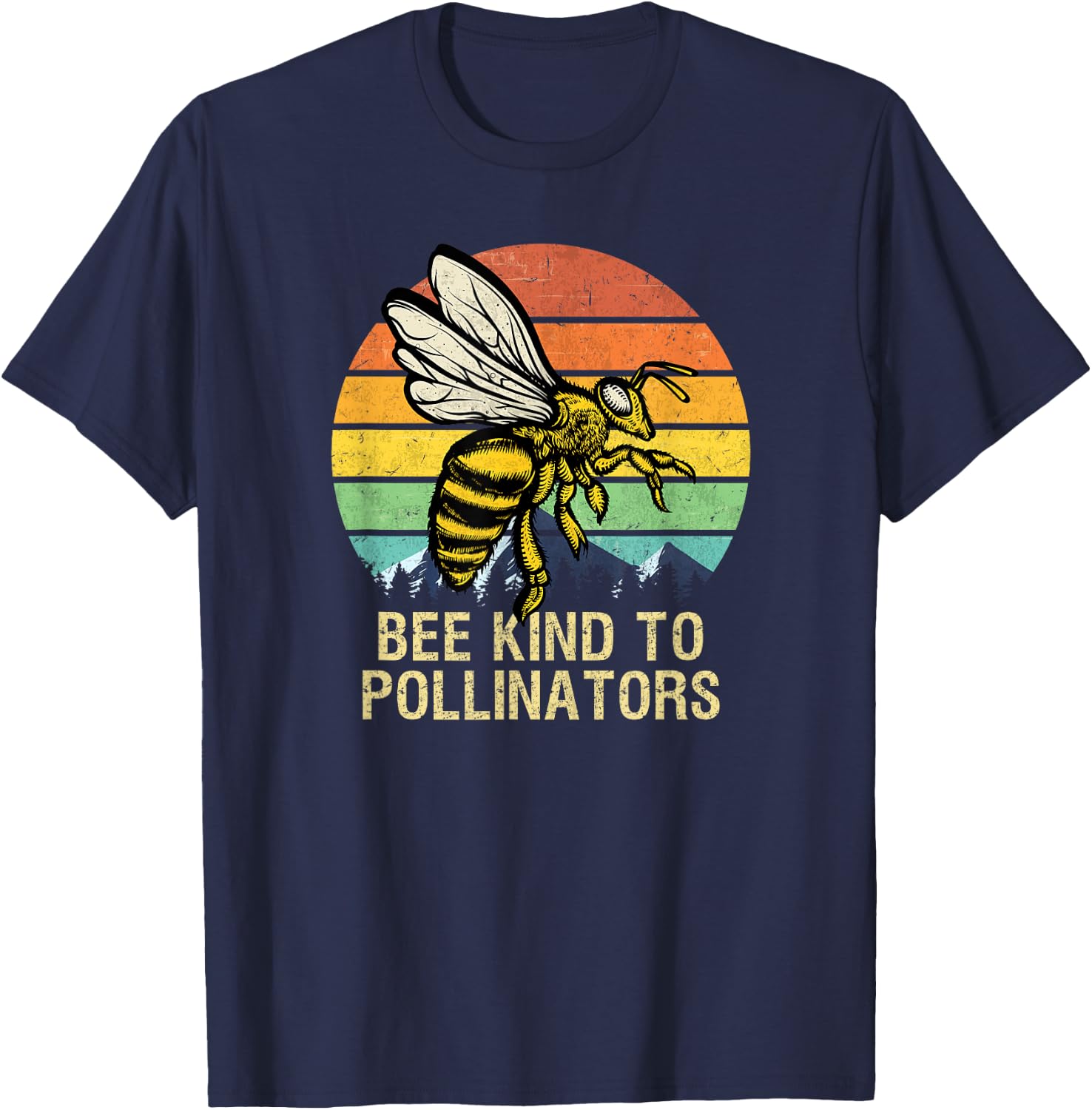 Bee Kind To Pollinators Honey-Bee With Retro Sunset T-Shirt - T-Shirt | Navy