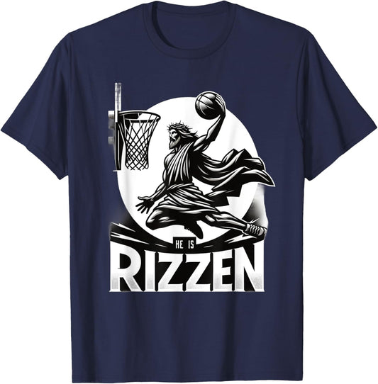 He Is Rizzin Funny Jesus Basketball T-Shirt - T-Shirt | Navy