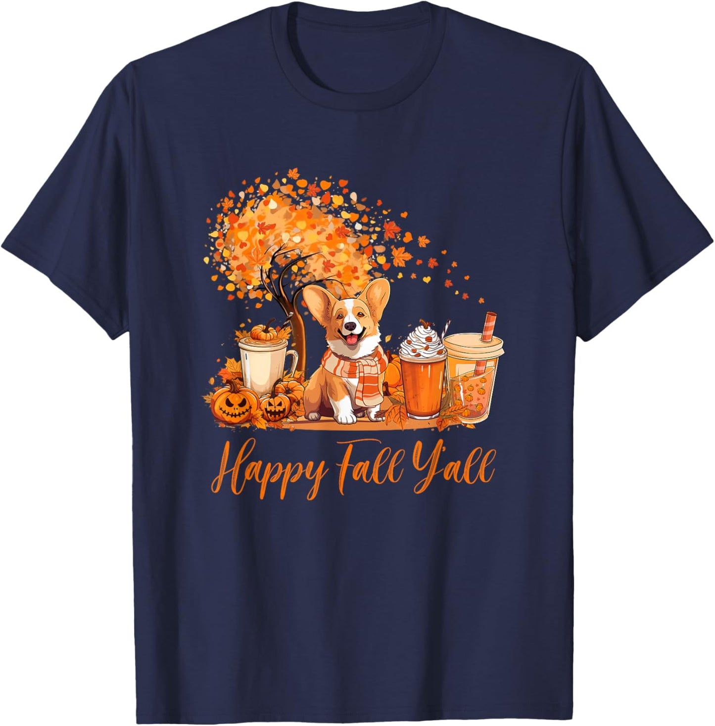Happy Fall Y'all Corgi Autumn Pumpkin Spice Latte T-Shirt - T-Shirt | Navy