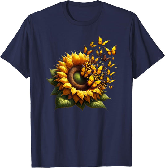 Sunflower With Butterflies Flying Floral Butterfly Lover T-Shirt - T-Shirt | Navy