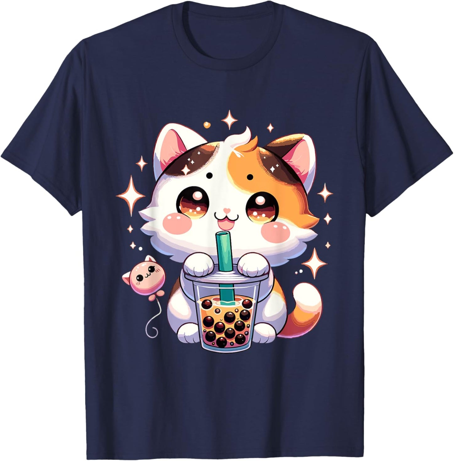 Cat Boba Japanese Kawaii Anime Kitty Bubble Tea Neko Teen T-Shirt - T-Shirt | Navy