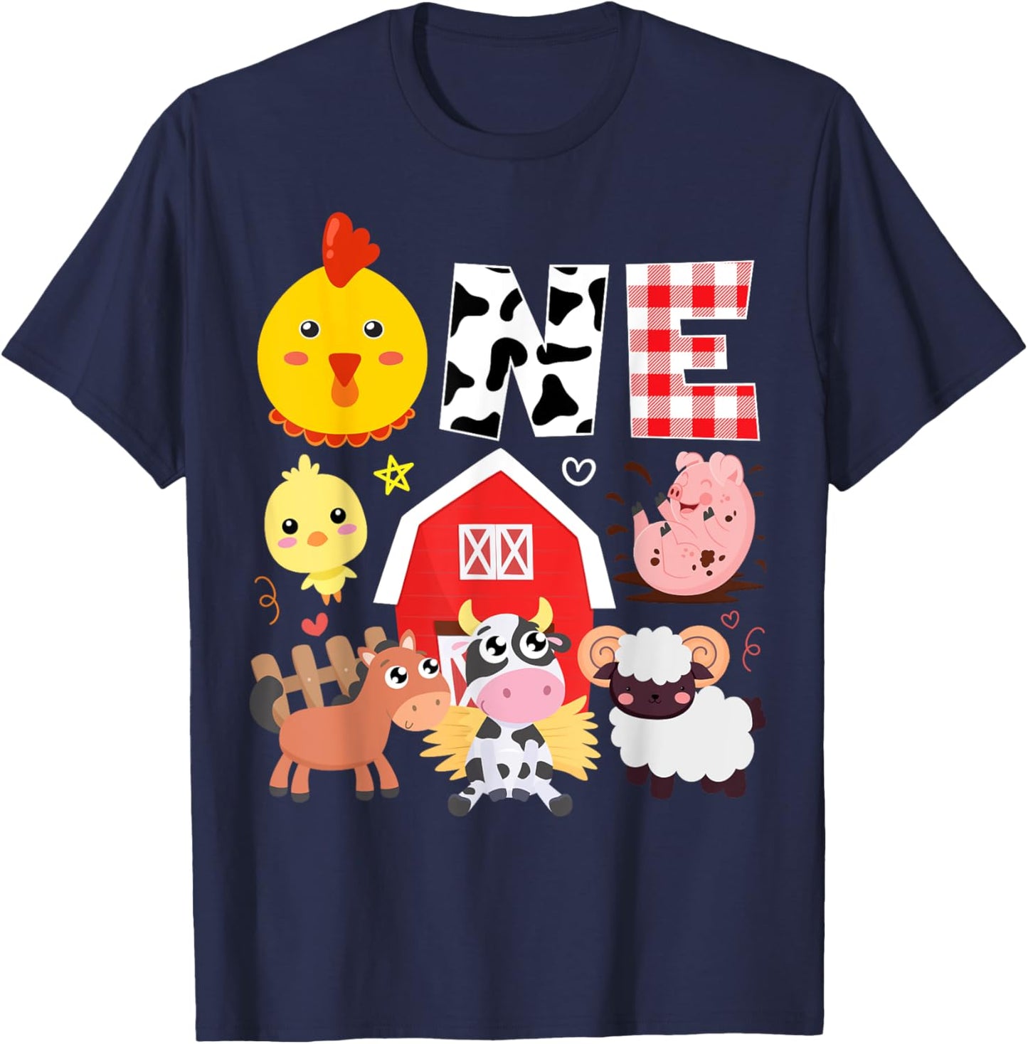 1st Birthday One Year Old Farm Theme Animals Birthday Party T-Shirt - T-Shirt | Navy