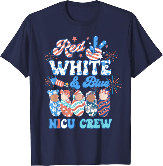 Groovy Red White Blue NICU Crew NICU Nurse 4th Of July Women Men T-Shirt - T-Shirt | Navy