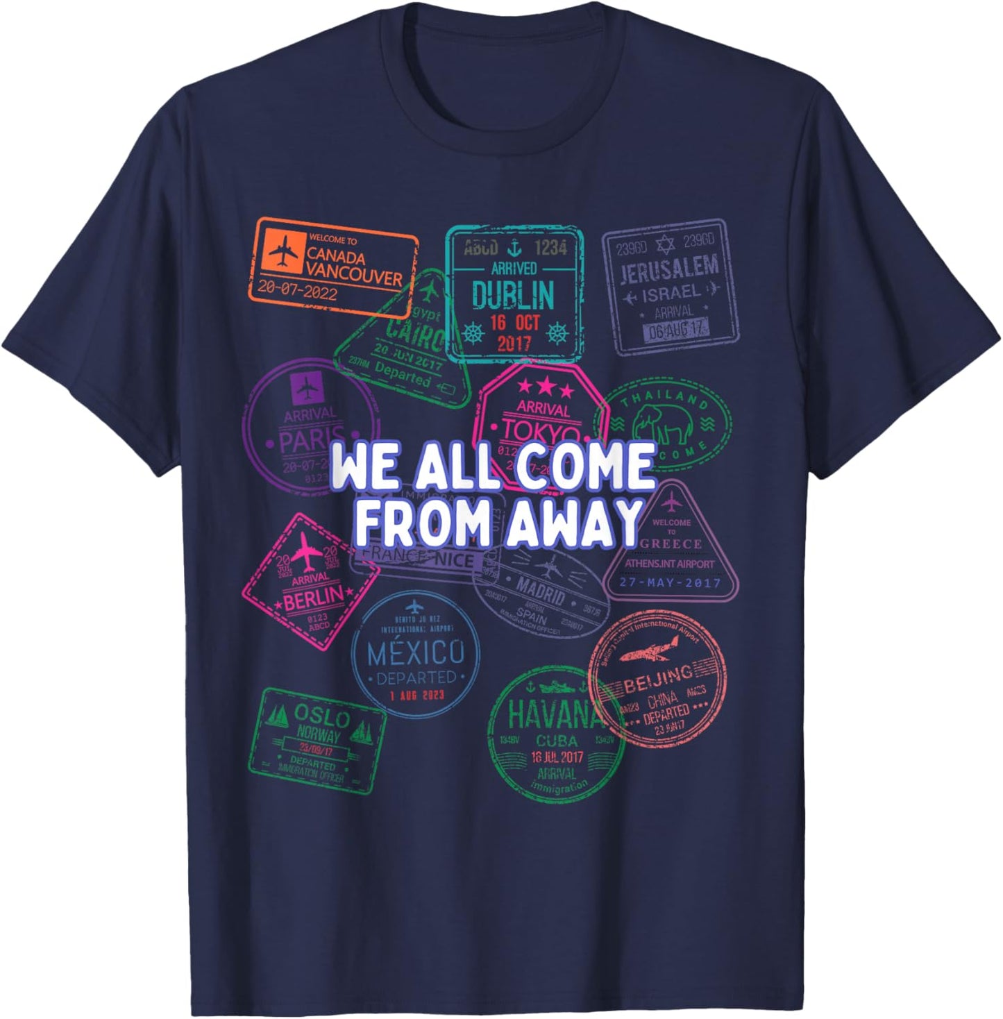 We All Come From Away Travel Stamps Musical Theatre T-Shirt - T-Shirt | Navy