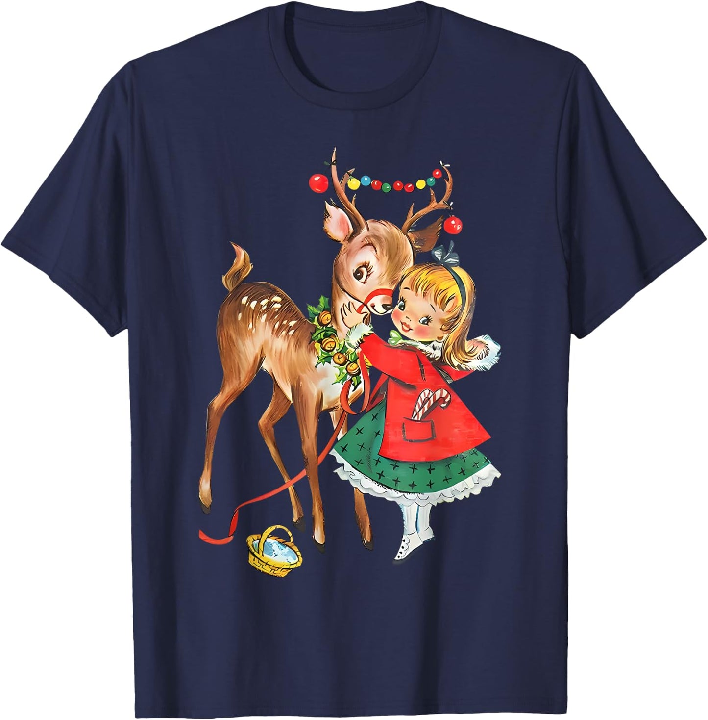 Vintage 1950s Old Fashioned Family Christmas Retro Christmas Reindeer And Girl Mid Century Xmas T-Shirt - T-Shirt | Navy