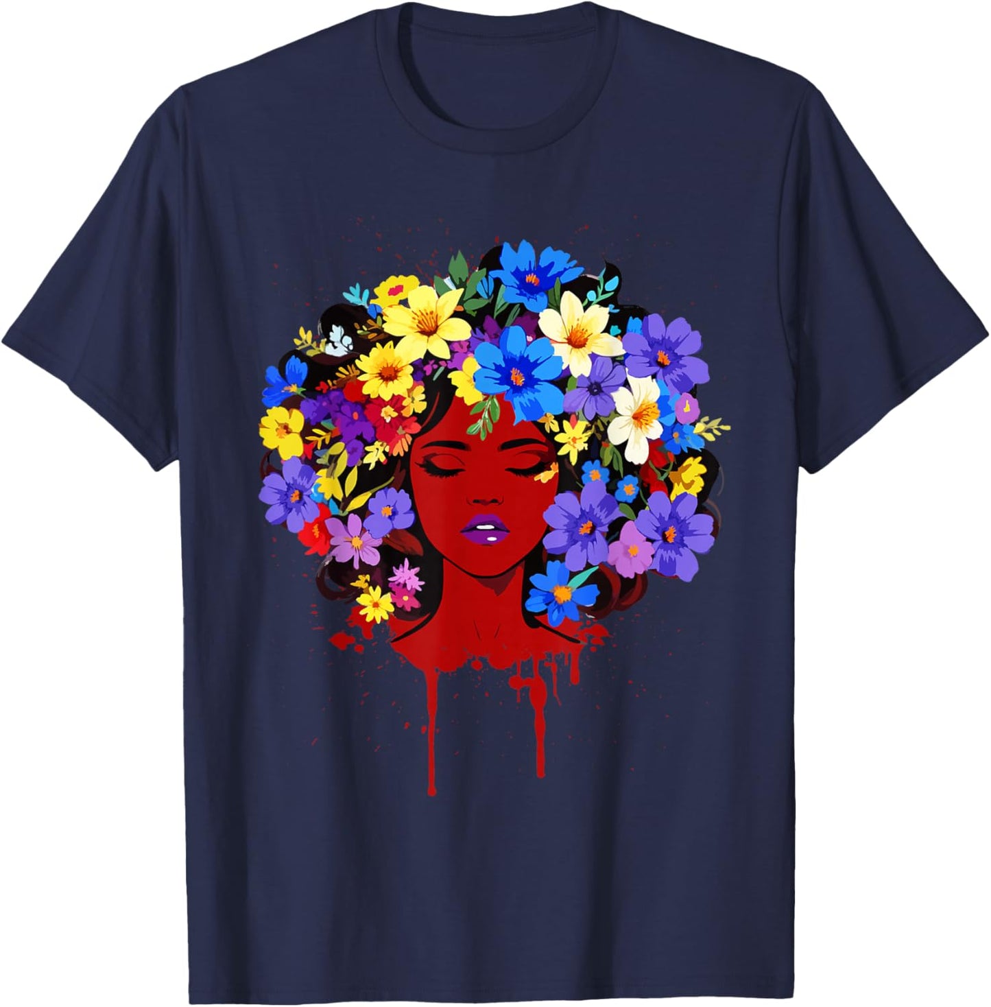 Afro Girl Flower Hair Black History Juneteenth Black Queen T-Shirt - T-Shirt | Navy