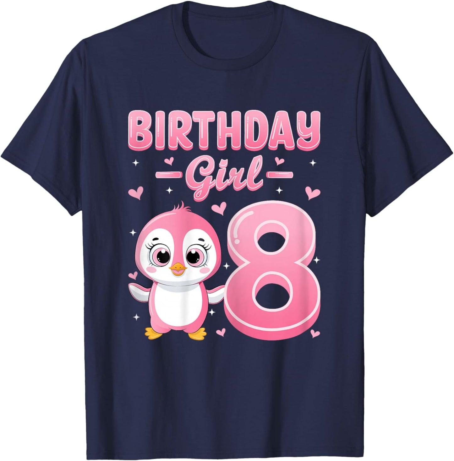 Birthday Girl Cute Penguin 8th Birthday 8 Years Old Girls T-Shirt - T-Shirt | Navy