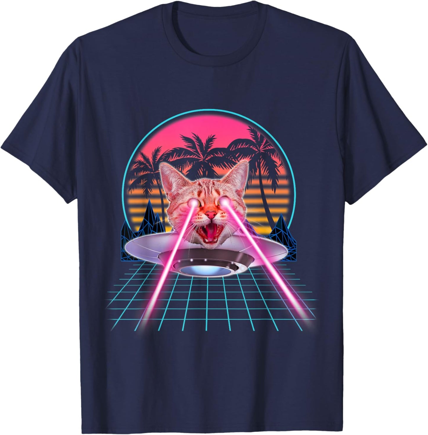 Laser Cat Eyes Kitten UFO Retro 80s Funny Cats Lovers T-Shirt - T-Shirt | Navy