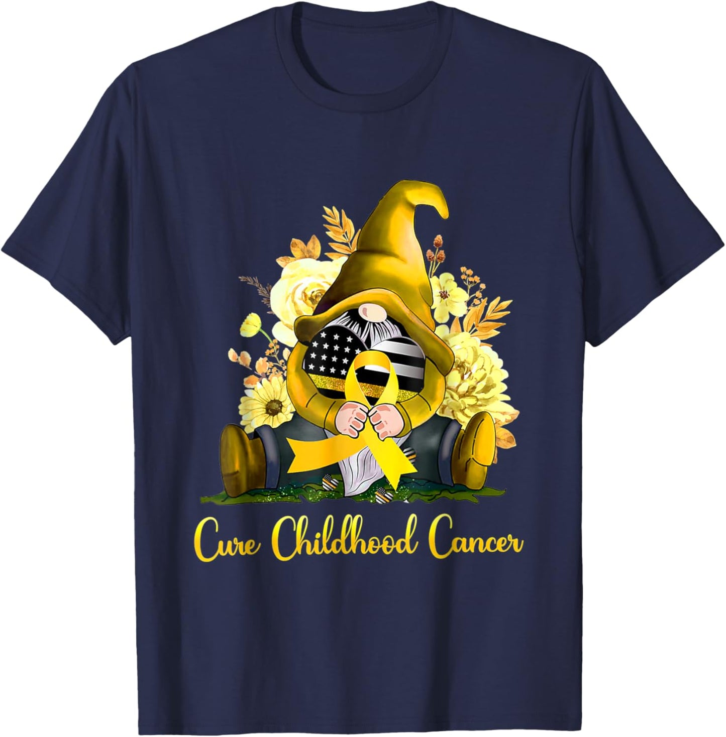 Cure Childhood Cancer Awareness Gold Ribbon Gnome Sunflower T-Shirt - T-Shirt | Navy