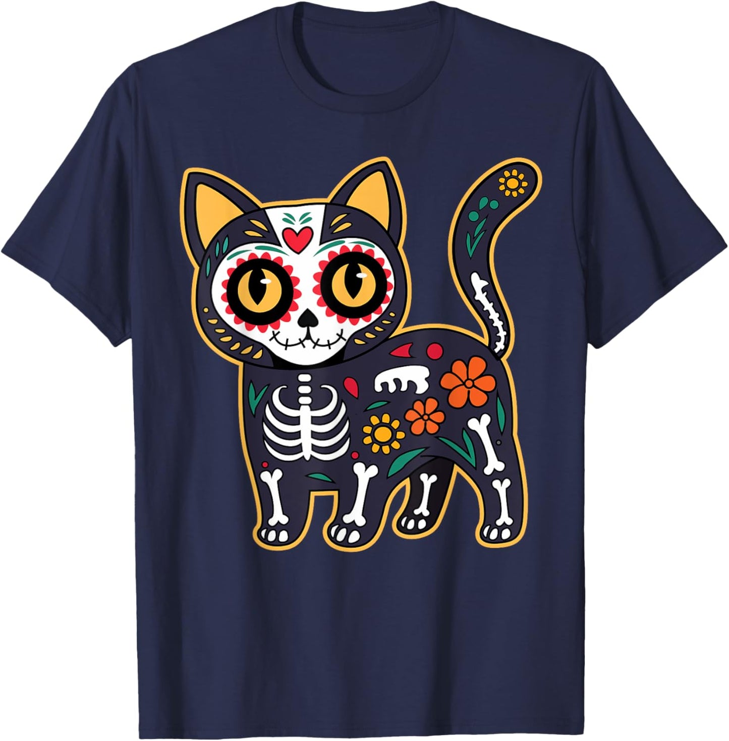 Sugar Skull Cat Halloween Dia De Los Muertos Day of Dead Men Women Kids T-Shirt - T-Shirt | Navy