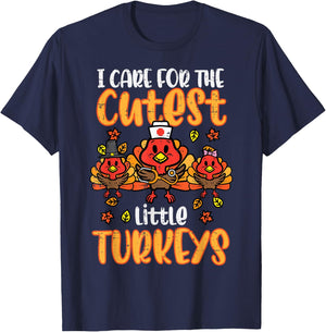Care For Little Turkeys Nurse Fall Thanksgiving Scrub Top T-Shirt - T-Shirt | Navy