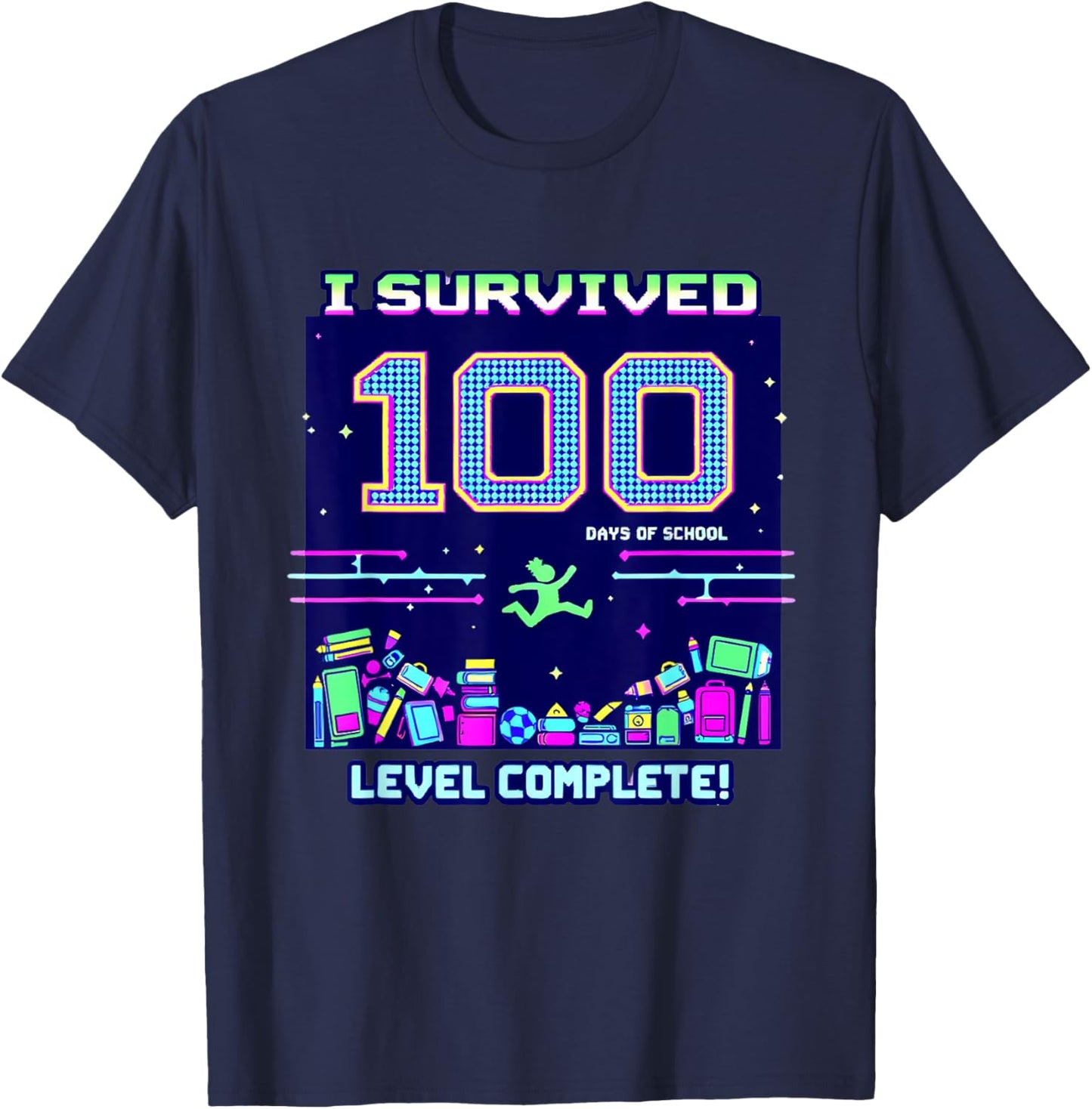 I Survived 100 Days of School Retro Gamer Celebration T-Shirt - T-Shirt | Navy