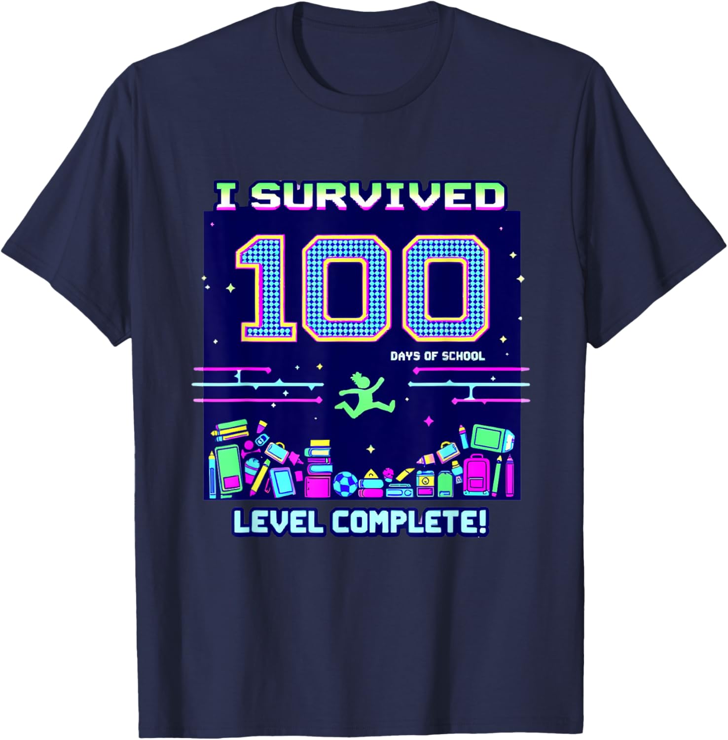 I Survived 100 Days of School Retro Gamer Celebration T-Shirt - T-Shirt | Navy