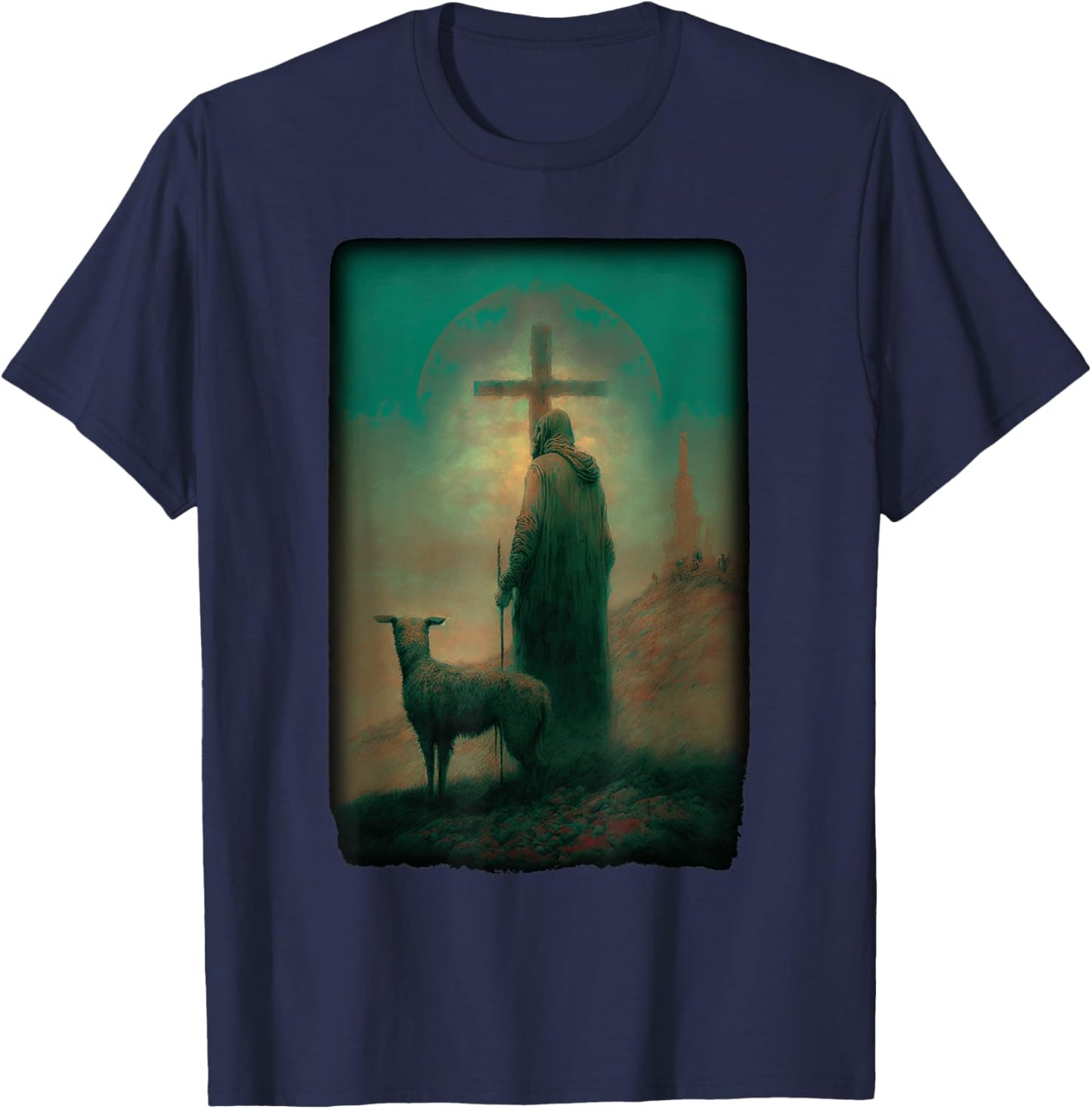 Biblical Jesus Lamb of God Sheep Shepard with Cross Old Art T-Shirt - T-Shirt | Navy