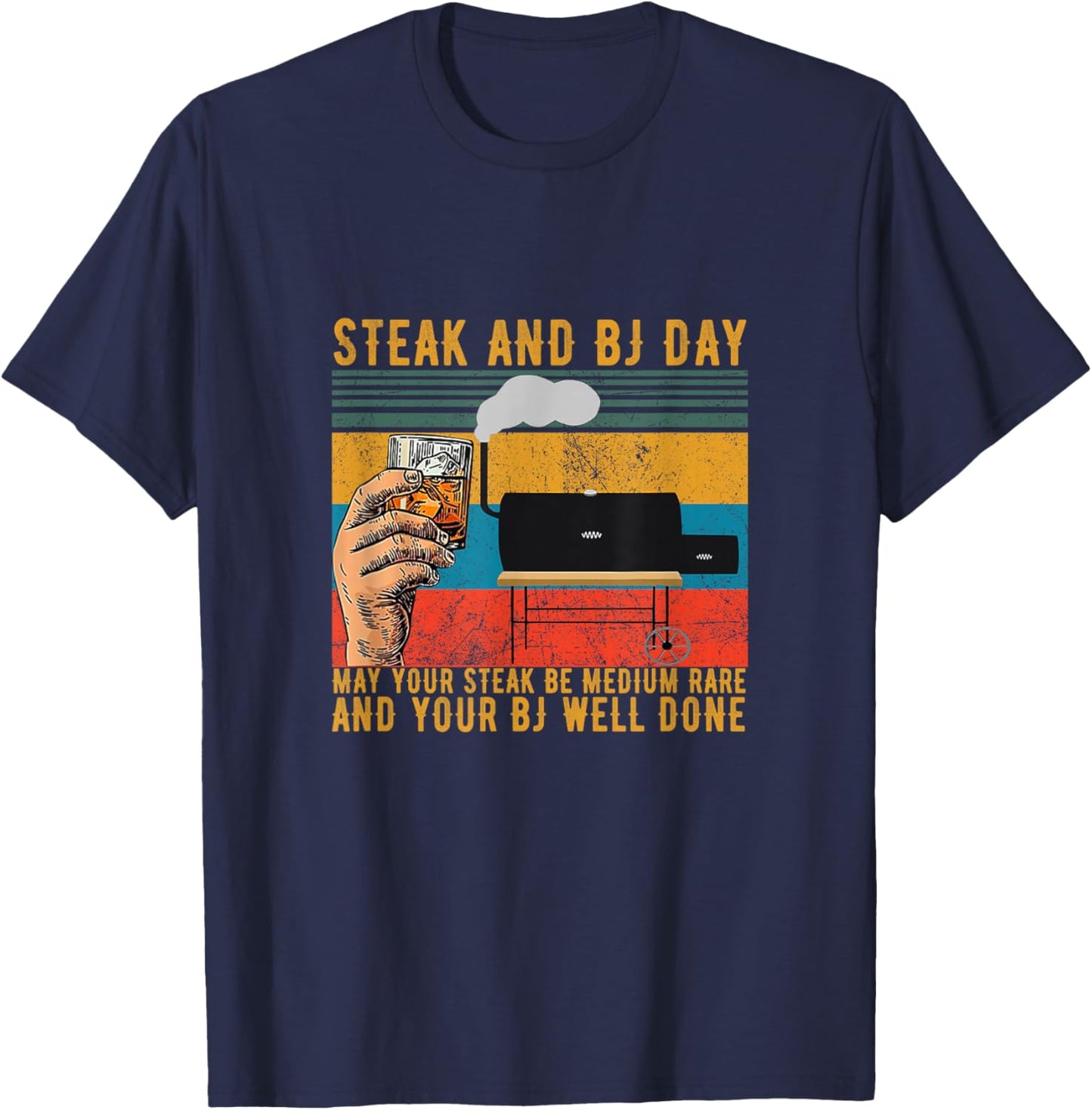 Steak And Bj Day Funny Retro T-Shirt - T-Shirt | Navy