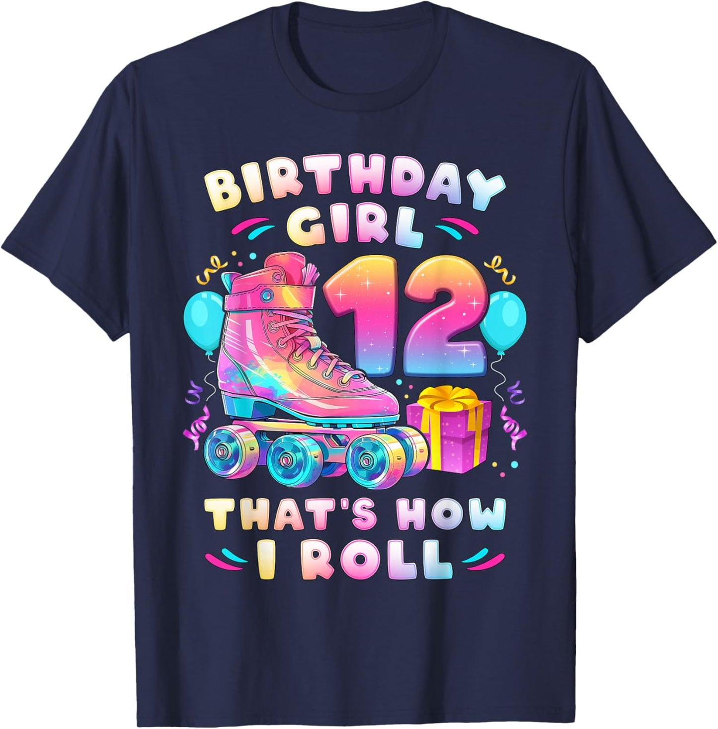 12th Birthday Girl Age 12 Roller Skates Number 12 T-Shirt - T-Shirt | Navy
