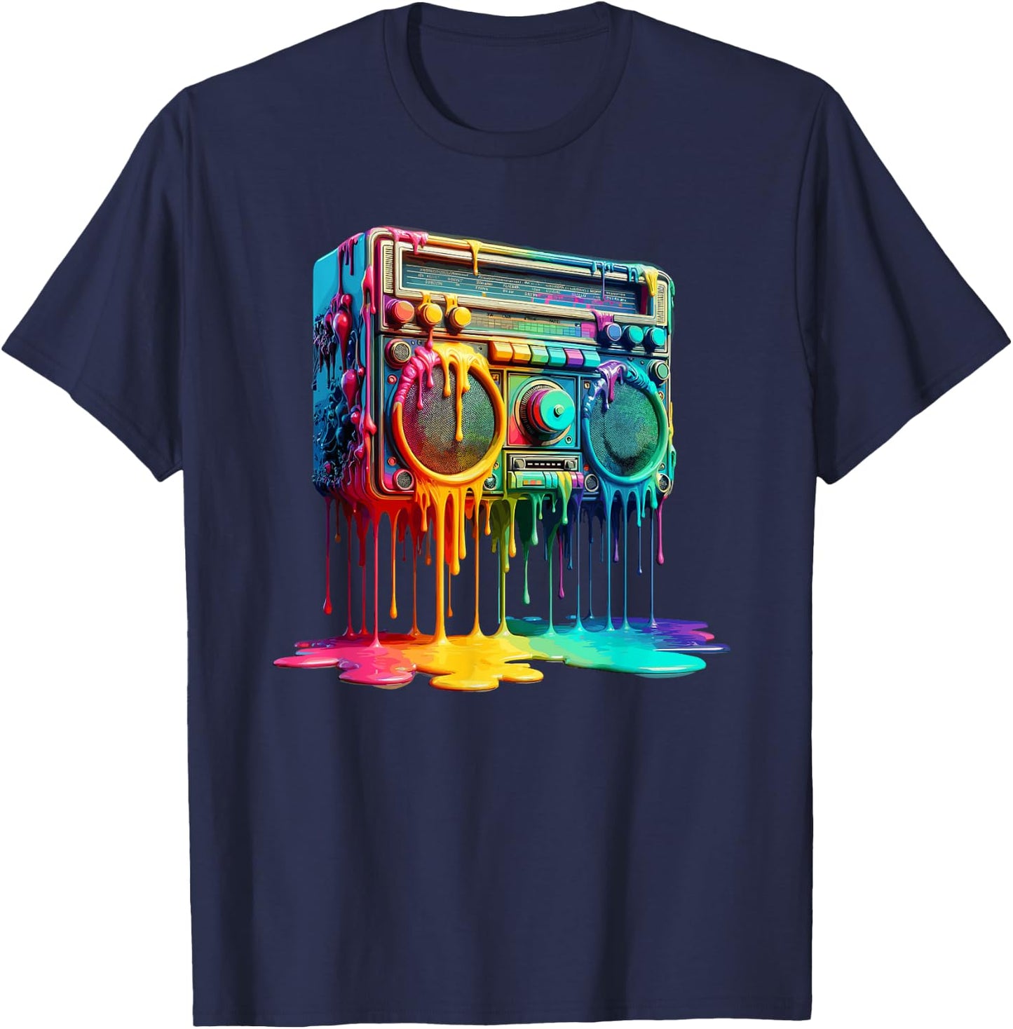 Dripping Paint Boombox Old School 80s Music Hip Hop T-Shirt - T-Shirt | Navy