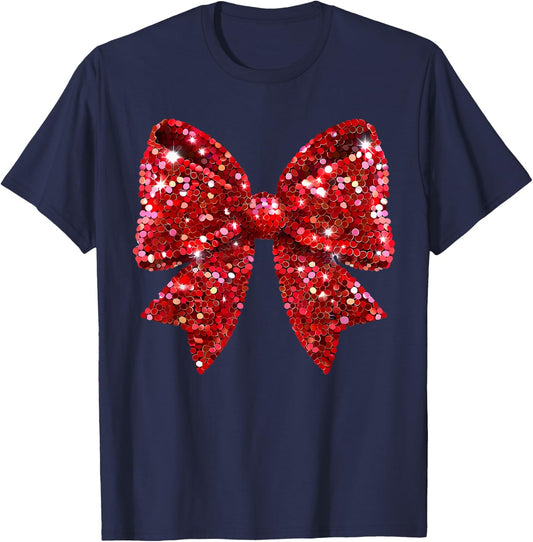 Red Coquette Bow Disco Ball Christmas Holiday Women Girl Kid T-Shirt - T-Shirt | Navy