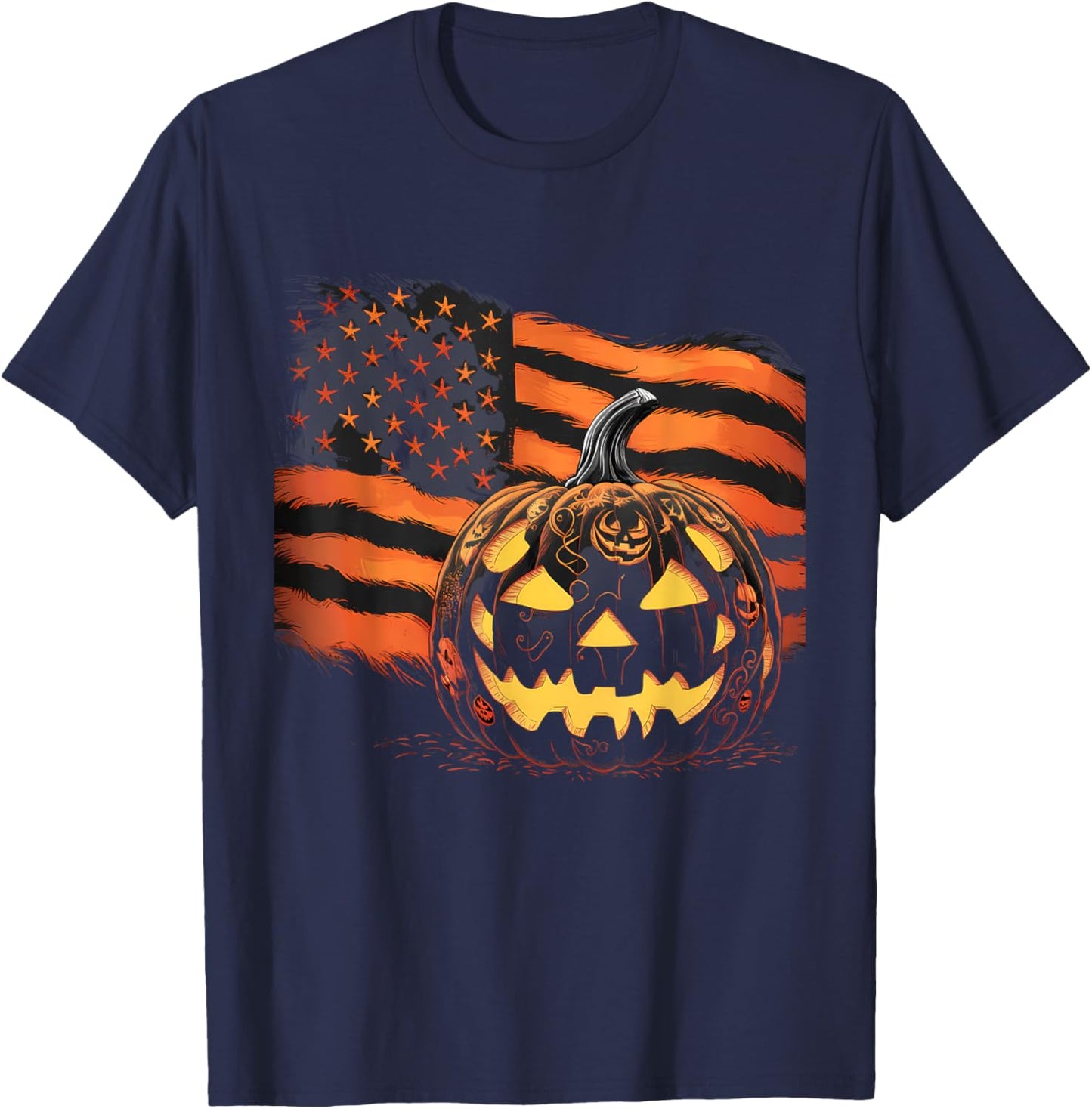 Halloween Pumpkin American Flag Horror Party Costume T-Shirt - T-Shirt | Navy