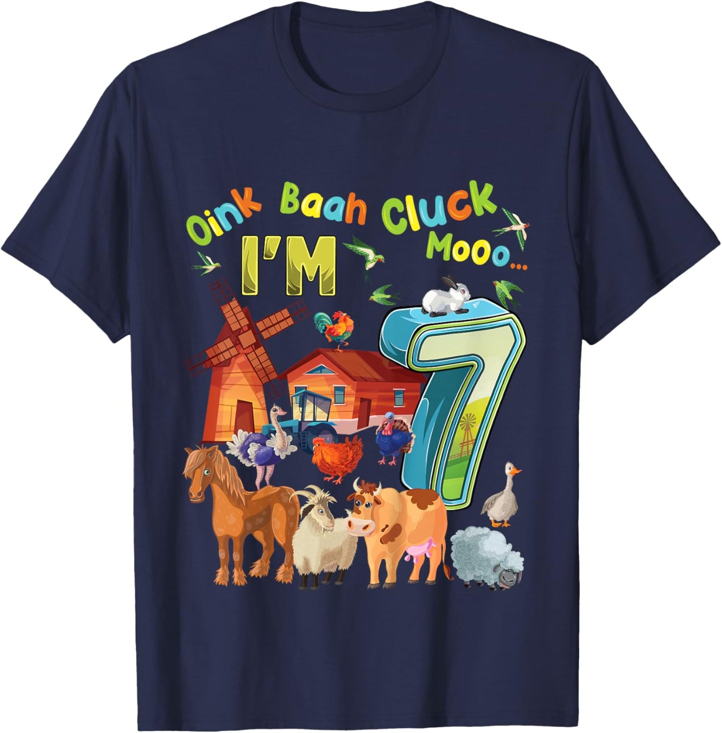 Barnyard 7th Birthday Farm Animals 7 Years Old Farming T-Shirt - T-Shirt | Navy