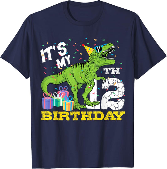 It's My 12th Birthday T-Rex Dinosaur Dino12 Year Old B-Day T-Shirt - T-Shirt | Navy