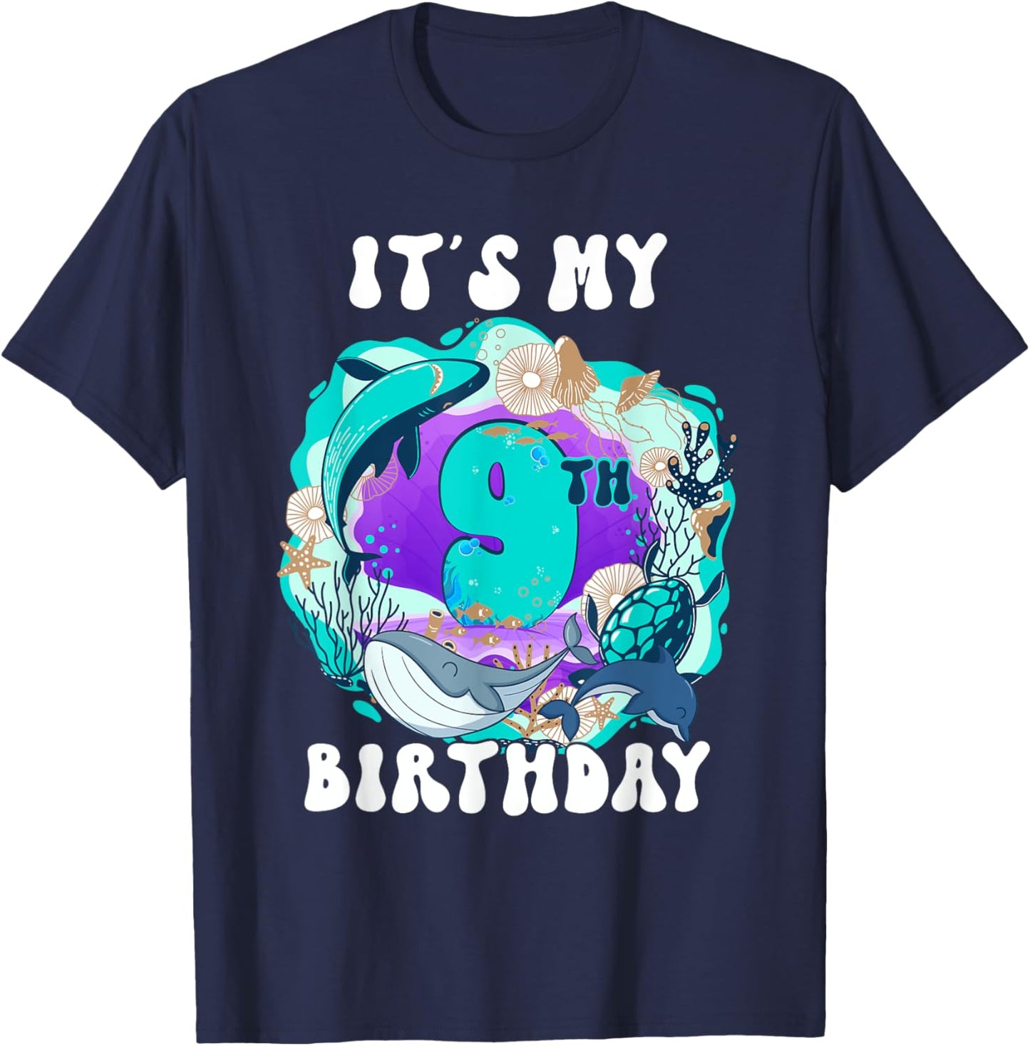 My 9 Year Old Ocean Life Whale Dolphin Shark 9th Birthday T-Shirt - T-Shirt | Navy