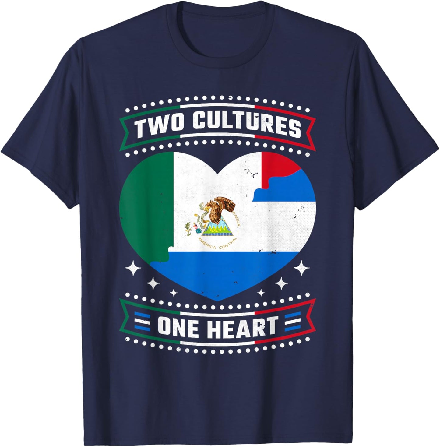 Two Cultures One Heart, Mexico Nicaragua Pride And Heritage T-Shirt - T-Shirt | Navy
