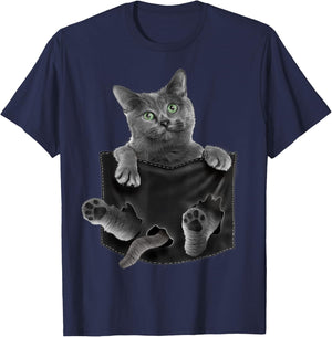 Russian Blue Cat in Pocket T-Shirt - T-Shirt | Navy
