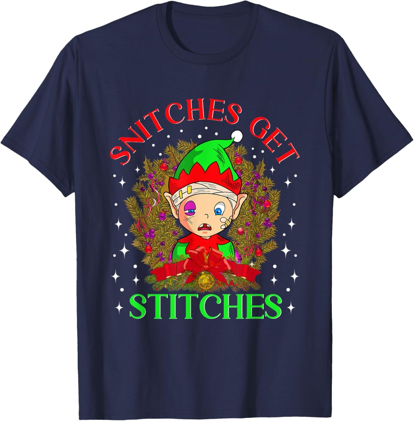 Stiches Get Licks Funny Elf Christmas T-Shirt - T-Shirt | Navy